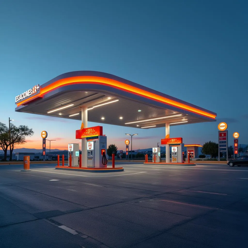 Moderna estación de servicio EstacionesAR+ con diseño futurista
